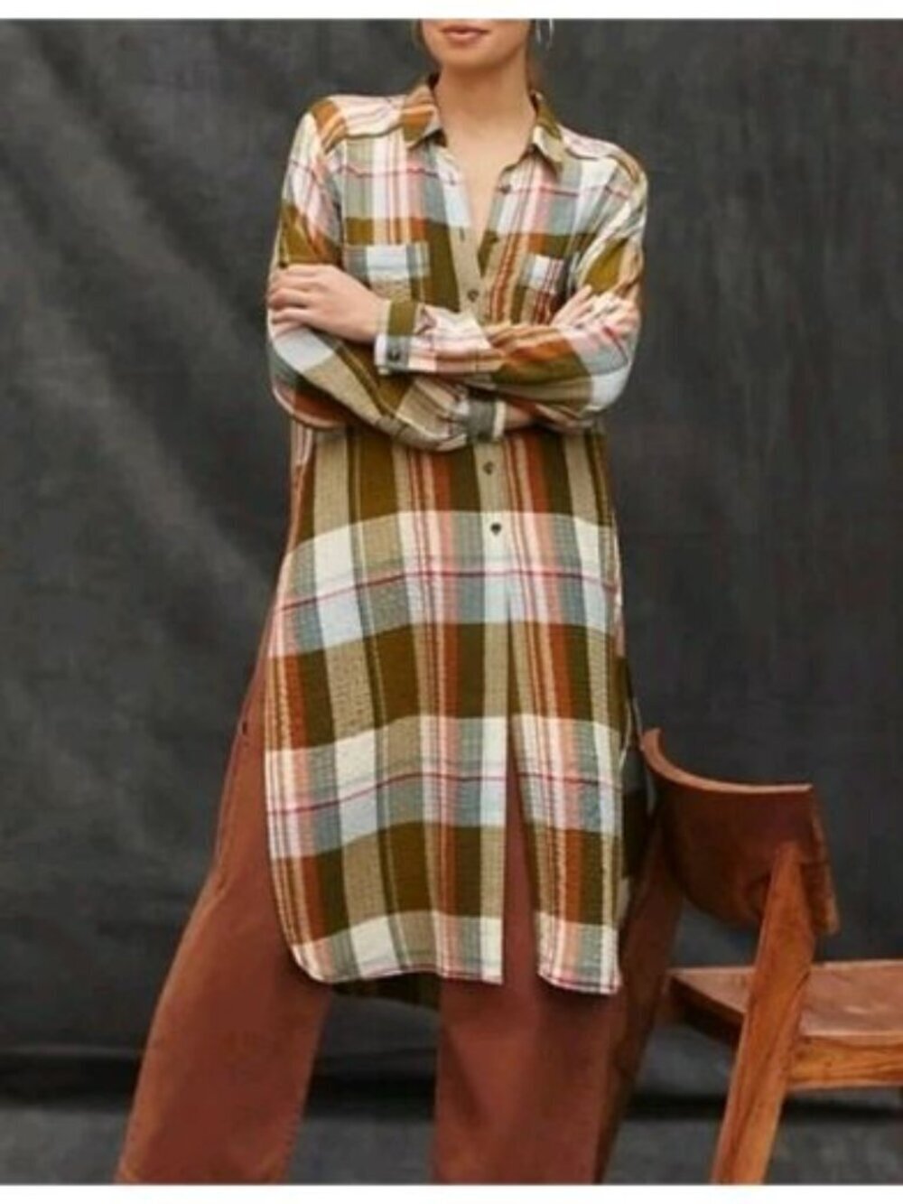 Anthropologie Pilcro Side-Slit Maxi Tunic Duster Buttondown Size XS
